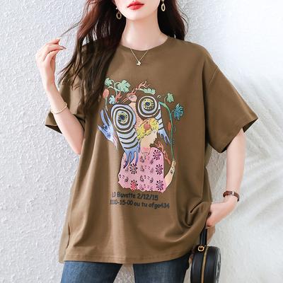 2025 Лето Большие размеры Принт Женские футболки Узор Круглый вырез Короткий рукав Топы Футболки Свободная рубашка