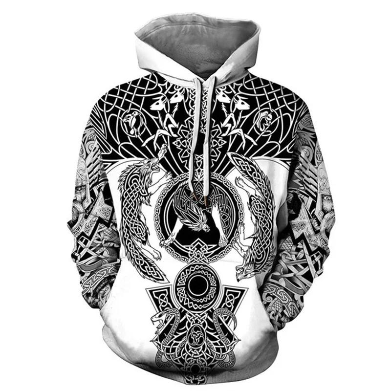 Vintage Sweatshirt Men 3D Print Viking Mythology Hooded Long Sleeve Oversized Hip Hop Men Hoodies Kids Sweatshirt Men Coat