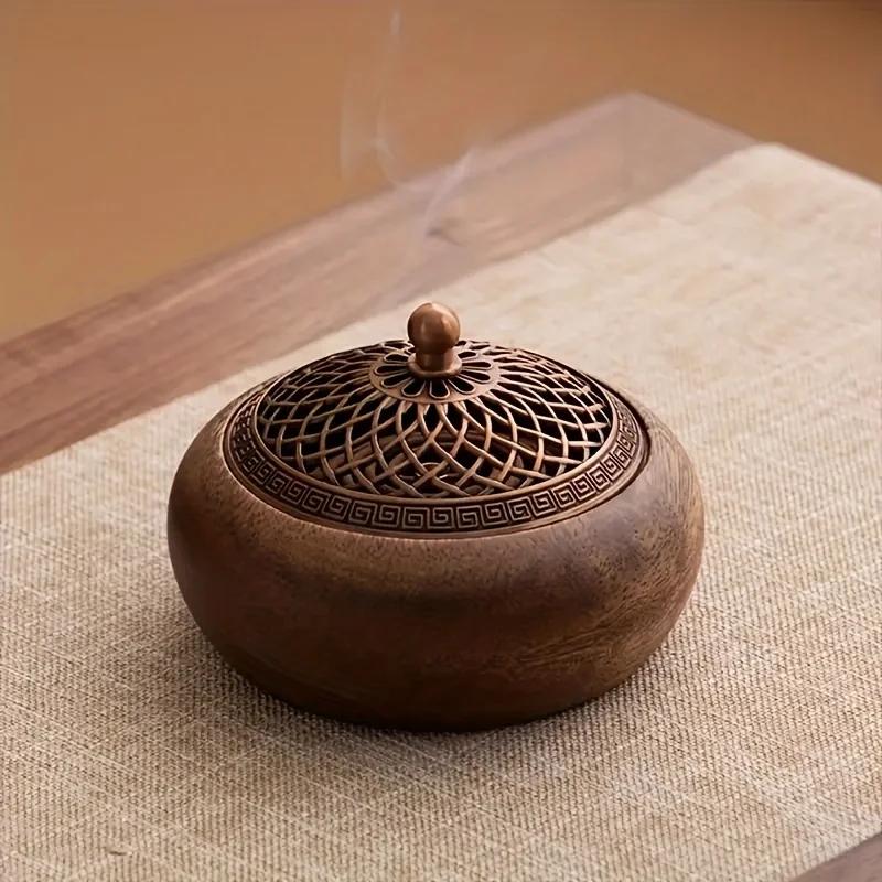 1pcs South American Walnut Retro Solid Wood Round Incense Burner, High-end Atmospheric Home Indoor Incense Burner