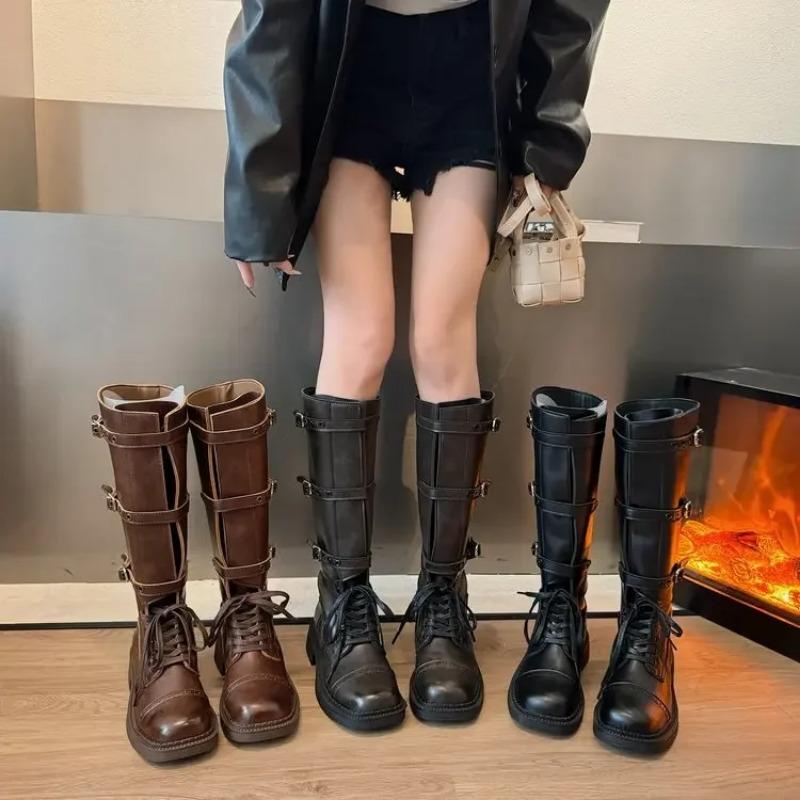 Новые осенние винтажные сапоги 2025 года Женские ковбойские сапоги в западном стиле Дизайнерские сапоги на среднем каблуке Слипоны Длинные кожаные сапоги-рыцари Кавалерийские сапоги