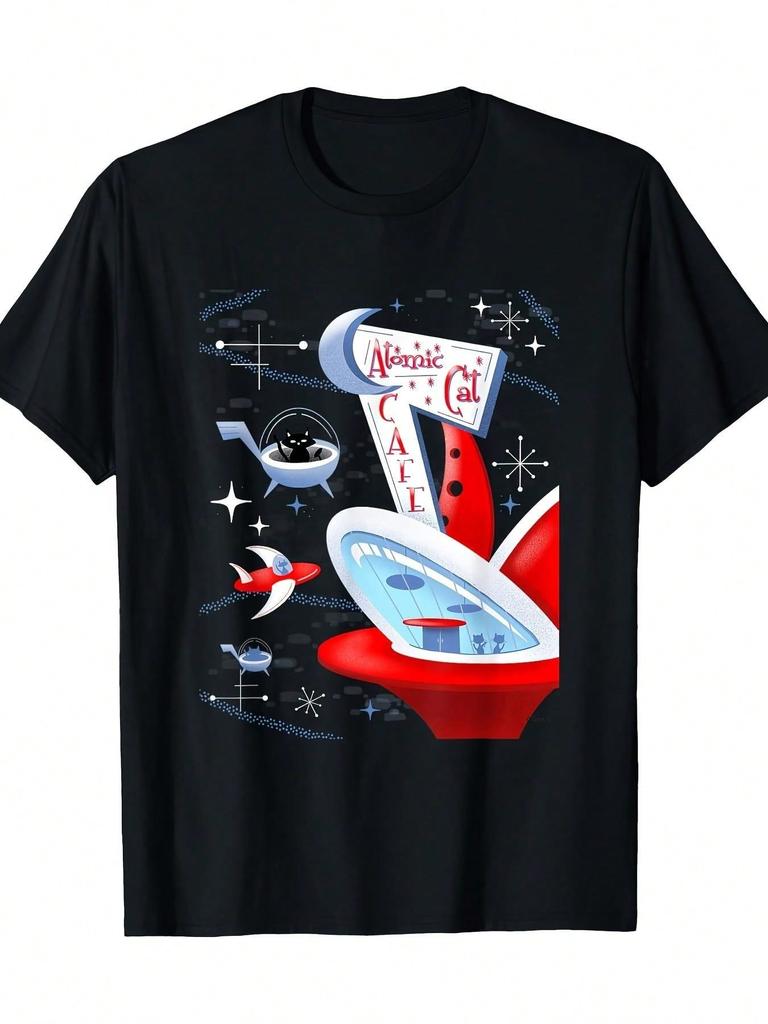 Humorous Atomic Cat Cafe Retro Futuristic Spaceport Mid Century T-Shirt - 220G Unisex Crew Neck Tee - Soft And Airy Casual Tee - Ideal Present For Bir