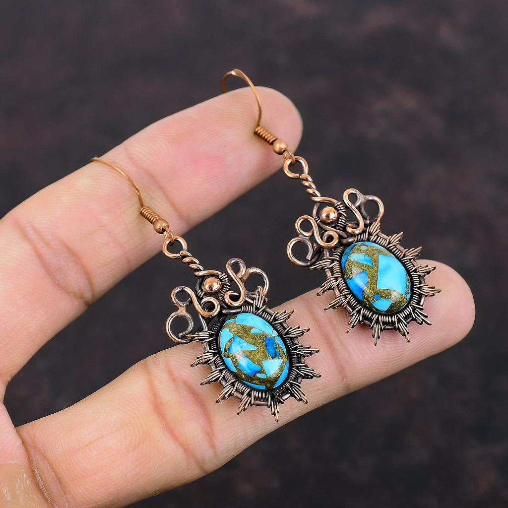 Медные синие бирюзовые серьги Серьги из медной проволоки Серьги из настоящего драгоценного камня Медные украшения Серьги ручной работы Ювелирные изделия из проволочной обмотки для подарка
