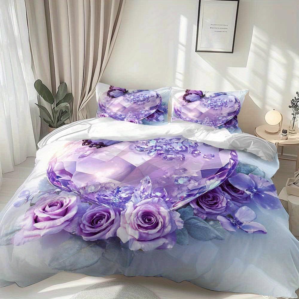 3pcs Purple Bedding Set Diamond Heart Rose Butterfly 3D Print Cozy Duvet Cover King Queen Twin Size Birthday Gift Bedroom Decor