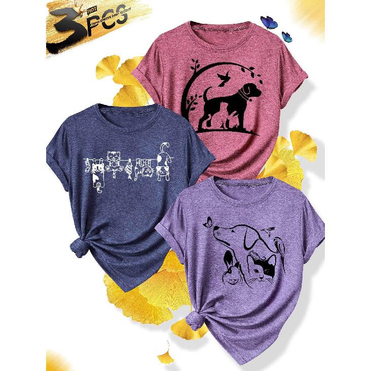 3 Simple and elegant women's party outfit Cat and Dog Silhouette Line Pattern Round Neck Casual Sporty Fresh Elegant Plus Size Women's Short Sleeve T