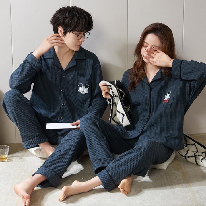 Cute Couple Pajamas: Women's Spring & Autumn Waffle Long Sleeves and Men's Casual Large Size Homewear