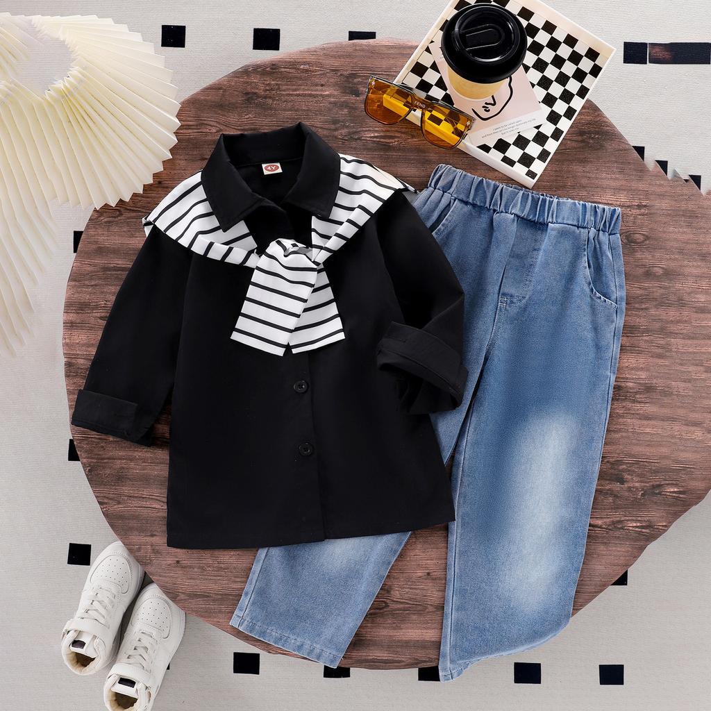 Модный костюм для девочек, весенне-осенний детский повседневный однотонный комплект из двух предметов: пальто и джинсовые брюки