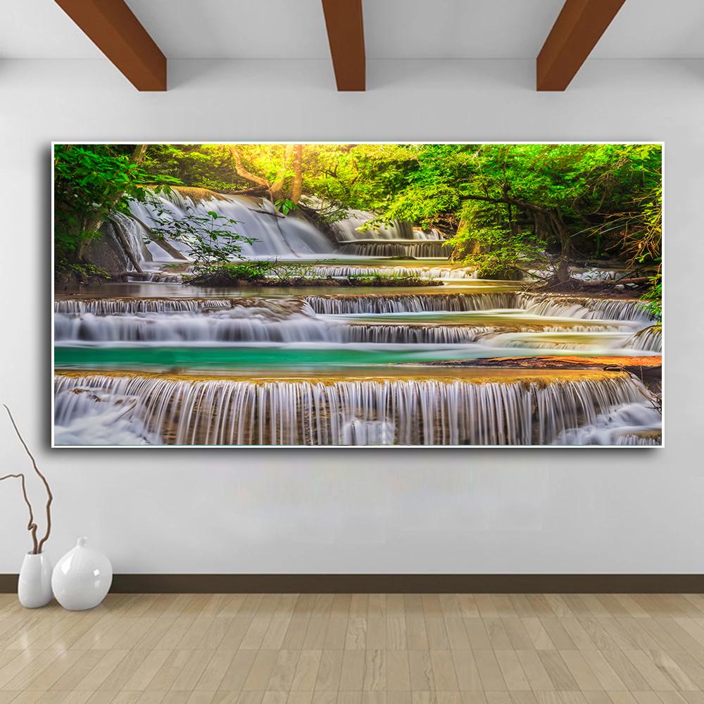 Природный пейзаж, водопад, настенные картины, холст, живопись, настенное искусство, зеленое, красное дерево, лес, постеры, принты для декора гостиной
