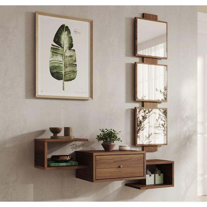 Meuble d'entrée | 1 Tiroir avec Miroir | Console d'Entrée | Finition en couleur Noyer Ambar | L 99,5 x P 22 x H 145 cm | Modèle Neo