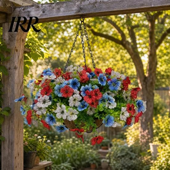 Decorative Flower Basket Artificial Hanging with for Outdoors, 4th of July Patriotic Faux Violet Flowers Flowers, UV Resistant Fake Plants