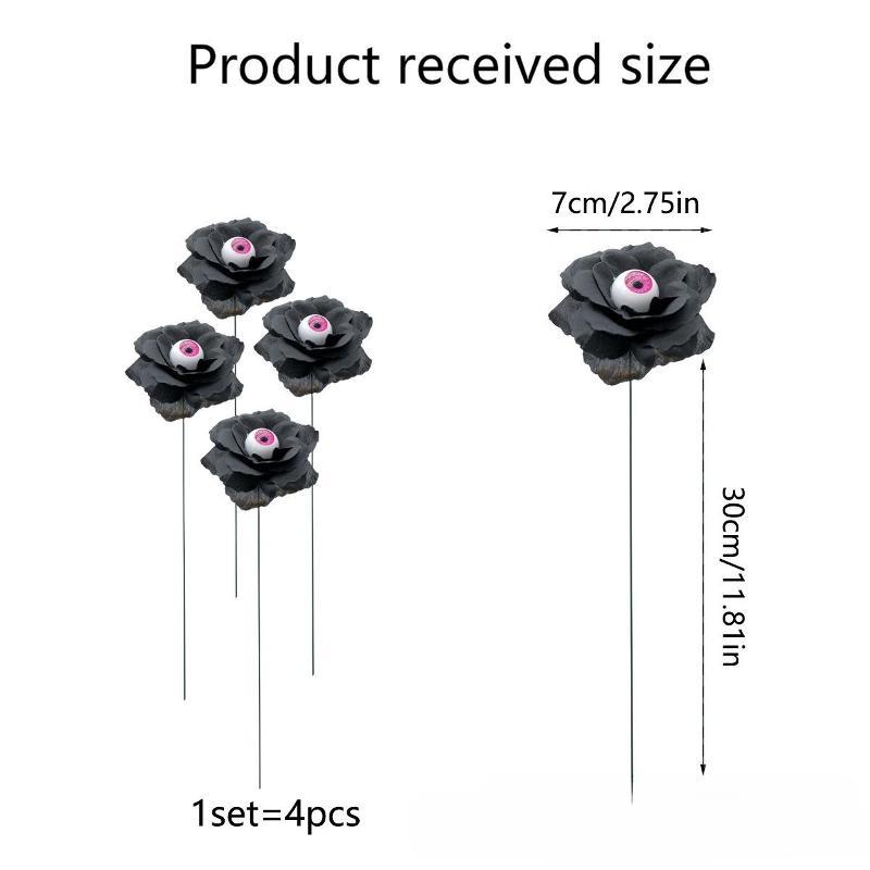4Pcs Halloween Black Rose Garden Stake PVC Eyeball Flower Ground Pole Spooky Yard Decor Party Decoration Ornament