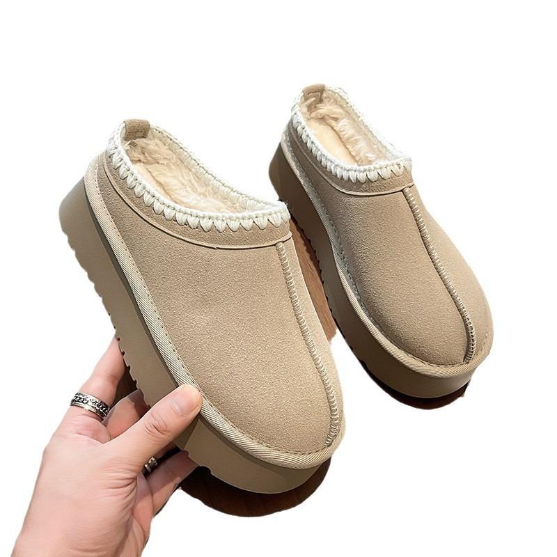 New Winter Suede Thick-soled Heightening Snow Boots Women's Piled Thickened Cotton Shoes Bag Head and Half Slippers