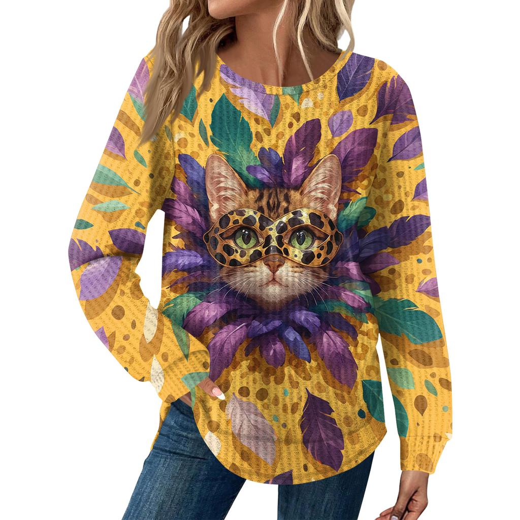 Women's Fashion  Loose Long Sleeve Carnival Print  Round Neck Casual Top