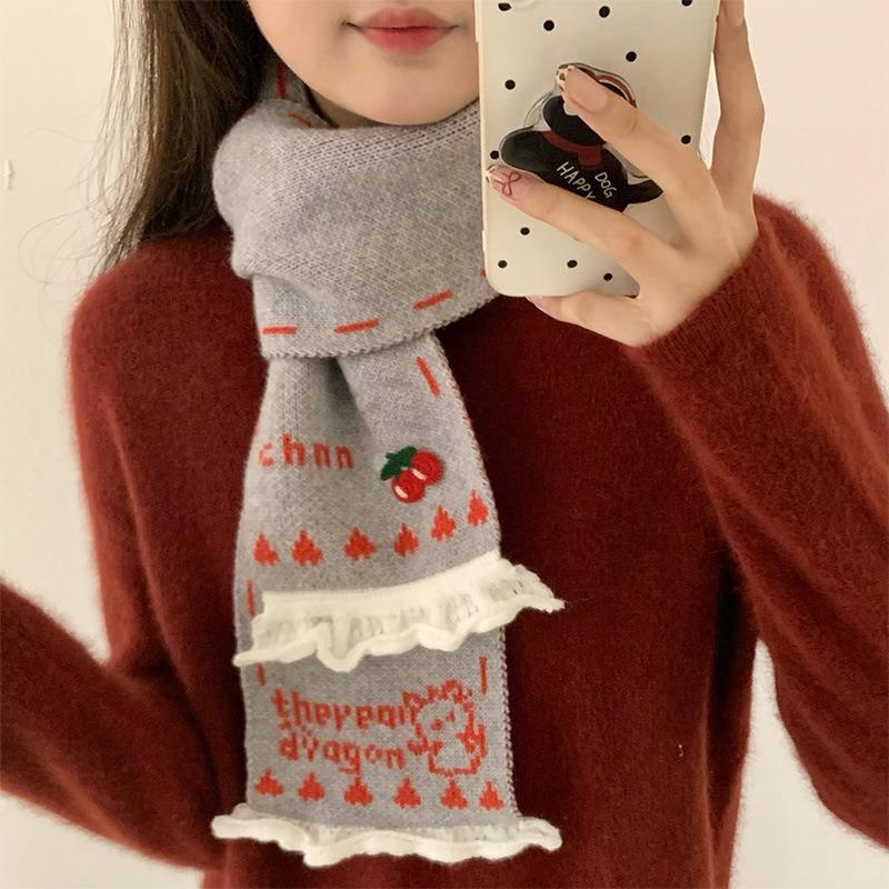 Winter New Style Fashion Girl Lace Knitted Scarf Women's Thickened Warm Scarf Fashion Sweet and Cute