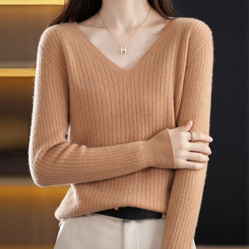 Slim Fit Женские пуловеры свитера топы осень и зима новый V-образный вырез вязаный свитер длинный рукав однотонный трикотаж одежда 28502