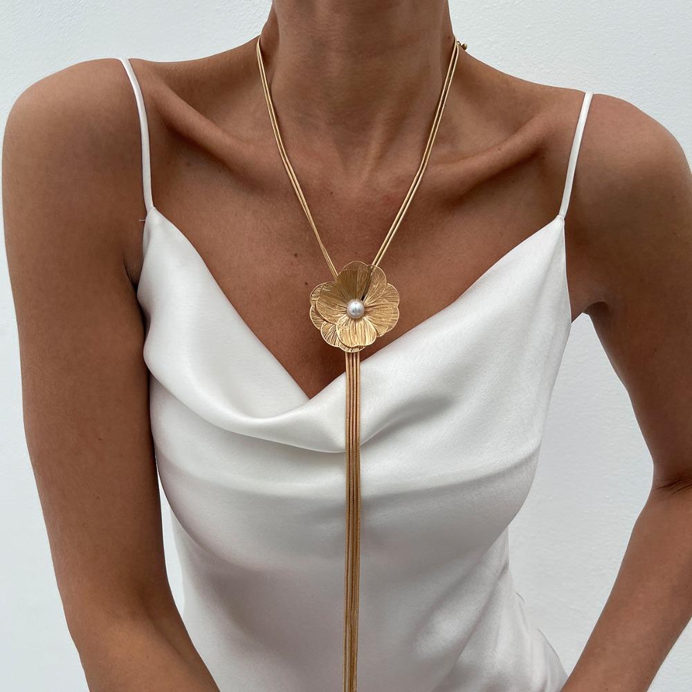 Long Tassel Imitation Pearl Necklace Flower Clavicle Chain Sweet Cross Pendant Necklace Couple