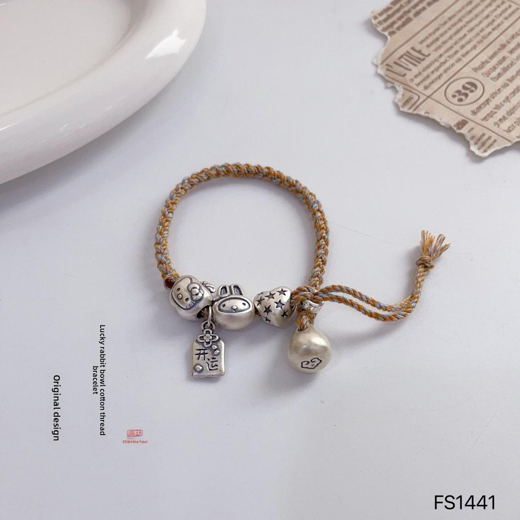 Pure Silver 999 Lucky Rabbit Heart Weight Cotton Thread Bracelet, Light Luxury Niche Versatile
