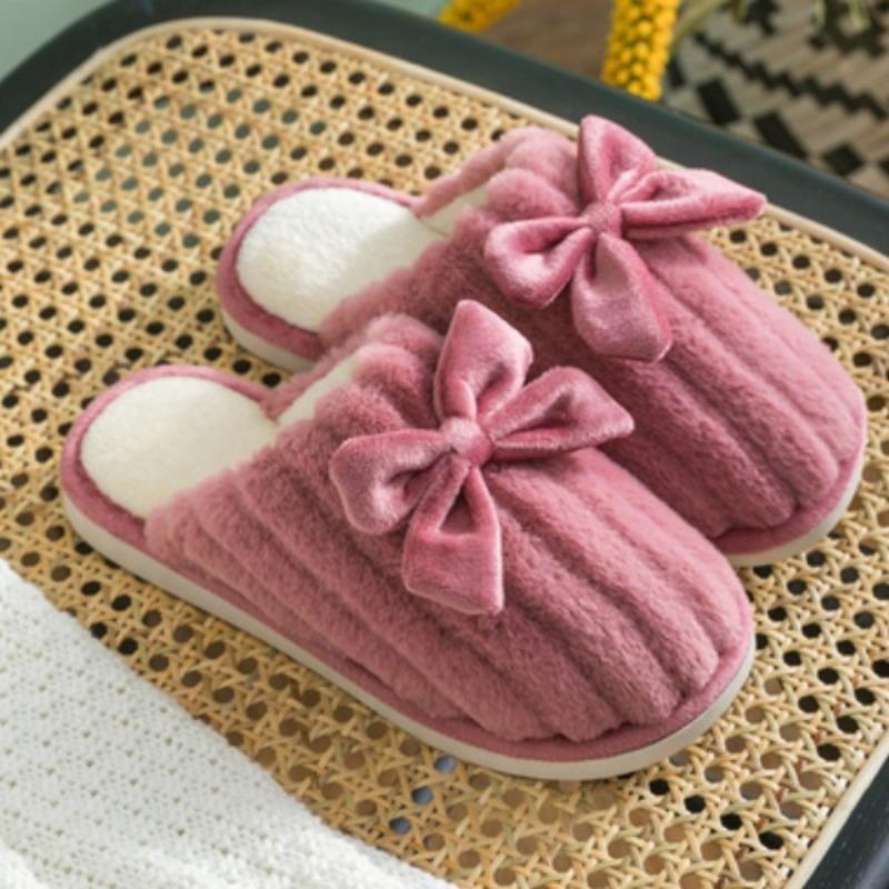 Зимние утепленные теплые плюшевые тапочки с бантом для мужчин и женщин, домашние, для помещений и улицы, с мягкой подошвой, на толстой подошве, нескользящие, парные, хлопковые