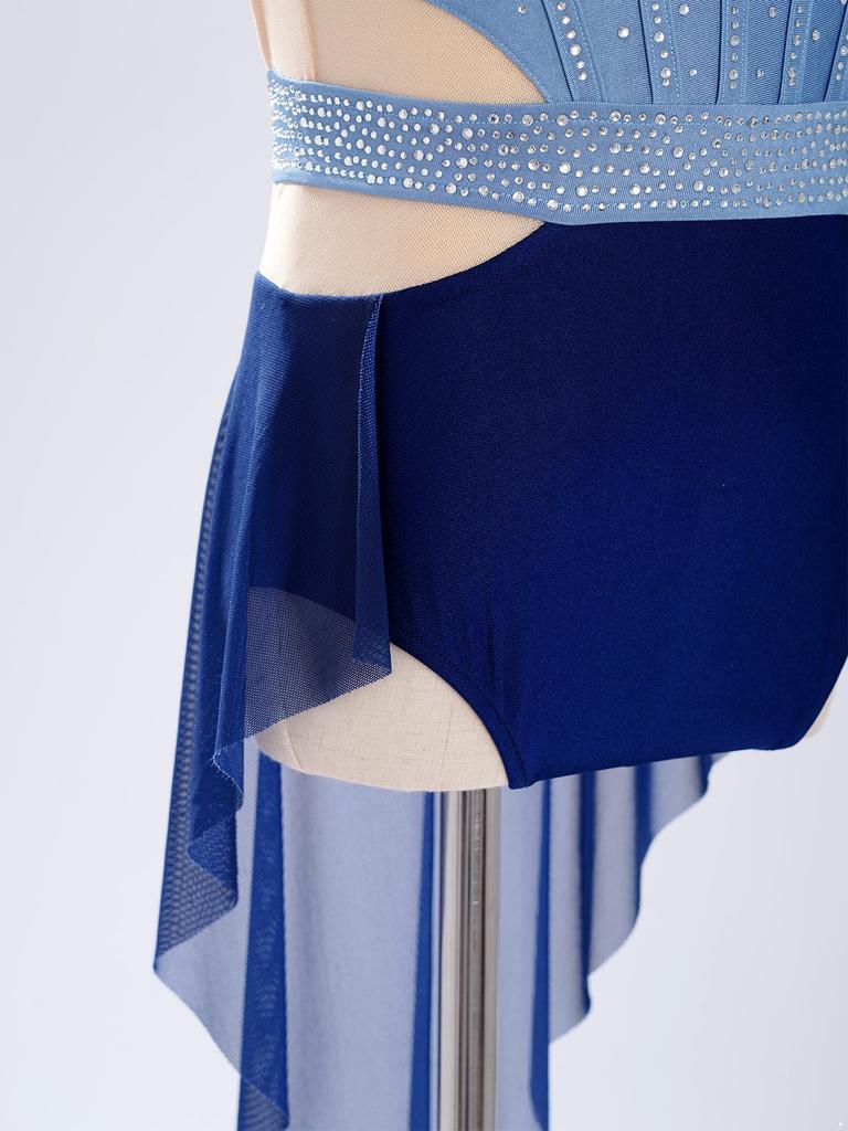 Kids Girls Ballet Gymnastics Dress Rhinestones Mesh Skirted Leotard Figure Ice Skating Jersey Lyrical Dance Performance Costume