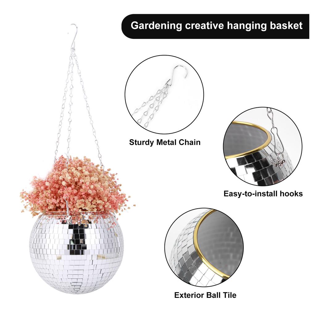 Disco Ball Plant Hanger Mirror Hemisphere Flowerpot Hanging Basket Garden Balcony Hanging Pot Ball Planter Office Ornament