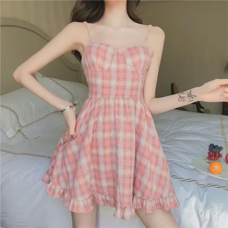 Sweet Pink Plaid Suspender Dress - Fresh Korean Style for Summer