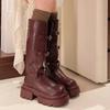 Массивные модные женские высокие сапоги, дизайнерские туфли с пряжкой на платформе и средним каблуком, высокие туфли до колена, тренд 2025 года, зимние новые туфли-лодочки для мотоциклистов