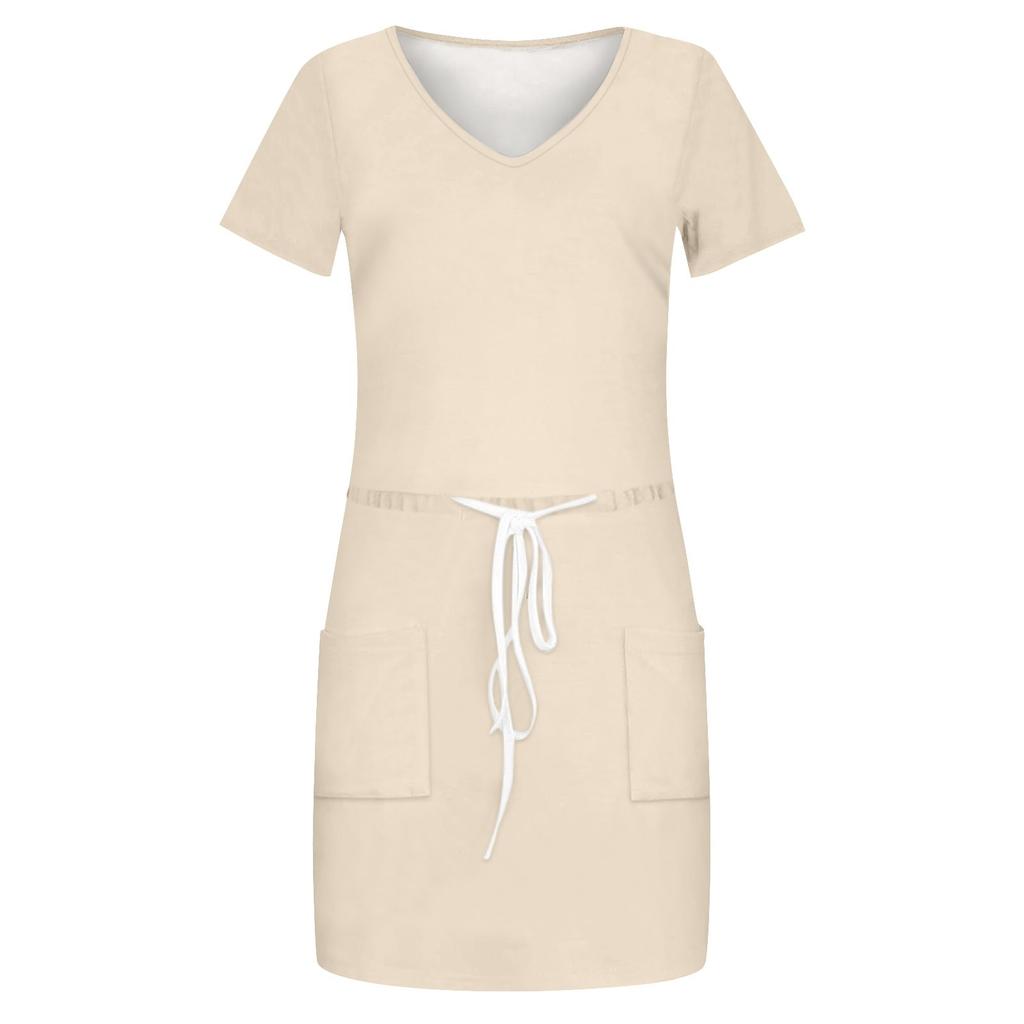 Women's Summer Casual Fashion Solid Color Drawstring V Neck Short Sleeve Dress