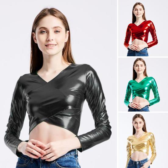 Женский клубный топ с короткой талией и длинным рукавом с v-образным вырезом, гладкий глянцевый пуловер из искусственной кожи, облегающий мягкий дышащий пуловер