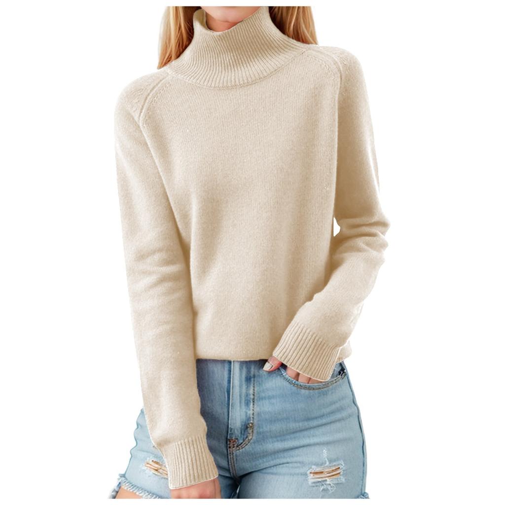 Women's Pullover Long Sleeve Knitted Casual Loose Plain Tops Stand-Up Collar Long Sleeve Winter Casual Sweatshirt Casual Turtleneck Sweater