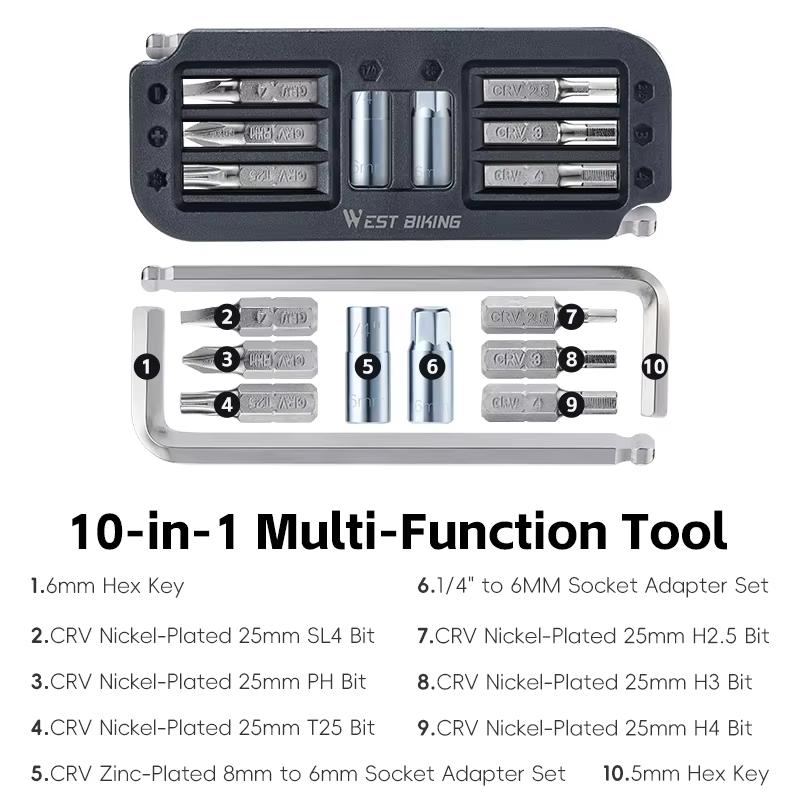 WEST BIKING 10-in-1 Multi Bicycle Tools CRV Steel Bike Repair Kit Portable Hex Wrench Screwdriver Bit Tools Cycling Accessories
