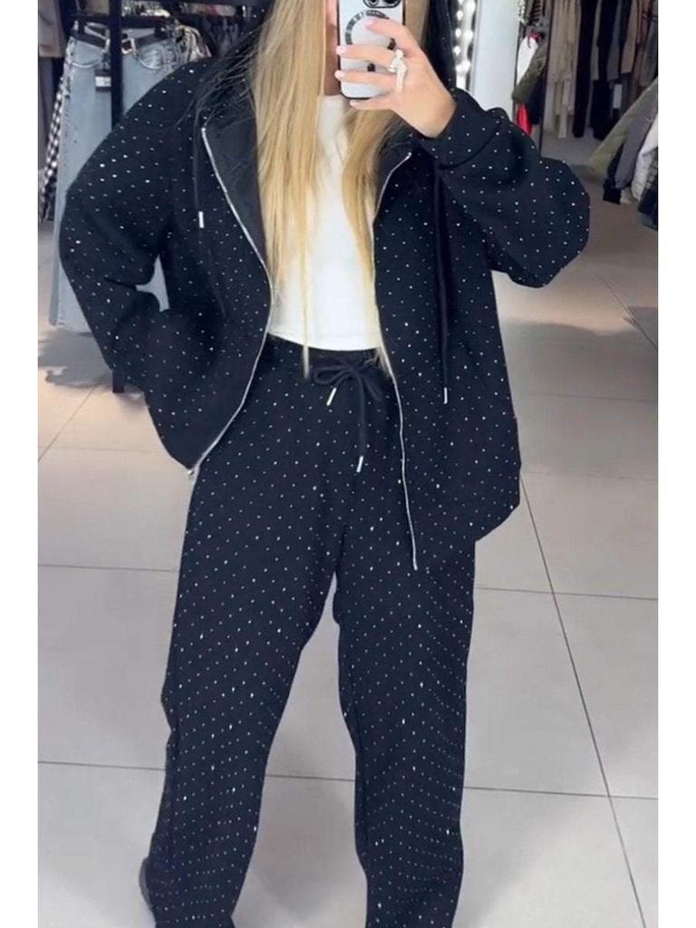 Европейский и Американский Комплект из Двух Предметов: Худи и Широкие Брюки - Женский Повседневный Осенне-Зимний Спортивный Костюм на Молнии с Полной Декорацией Стразами