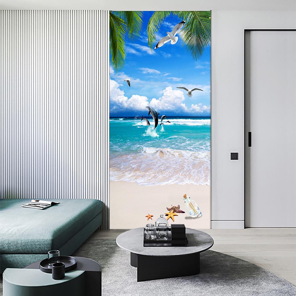 Sea View Of The Beach Under The Coconut Tree DIY Door Wall Sticker Home Decor Living Room Self-adhesive Waterproof PVC Wallpaper