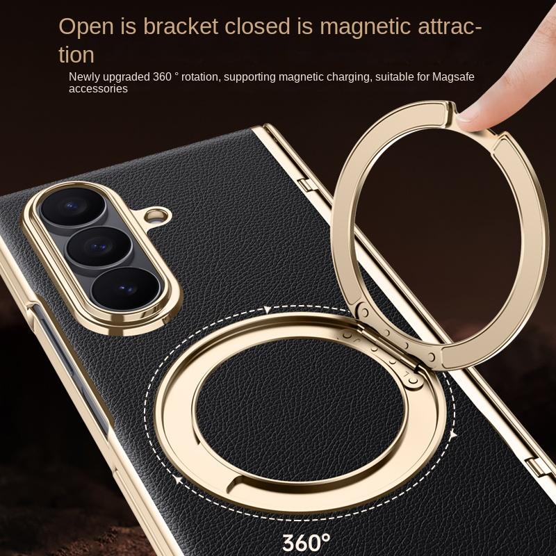 Для Samsung Galaxy Z Fold 7 Кожаный 360° Поворотный Держатель Магнитное Закаленное Стекло Передняя Пленка Противоударный Чехол для Телефона с Поддержкой Отпечатков Пальцев