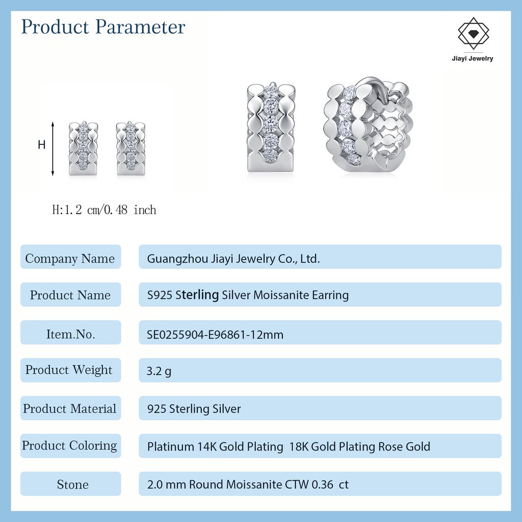 0.36 CTW 14K Gold Plated S925 Sterling Silver Wave-Edge Moissanite Huggie Earrings for Women Vertical Paved Sparkling Hoops