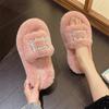 Fashion Fur Slippers Luxury Diamond Buckle Shoes Women 2024 Winter New House Furry Slippers Women Furry Open Toe Indoor Warm Plush Slide