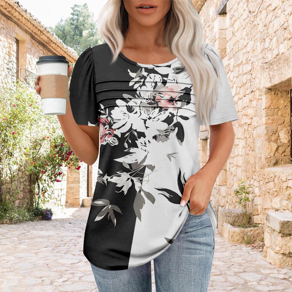 Ladies' Fashionable Printed Round Neck Pleated Short Sleeved Shirt