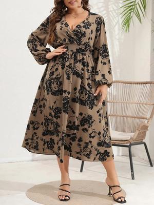 Осенние длинные платья в стиле бохо с цветочным принтом больших размеров для женщин 2024, повседневное праздничное платье трапециевидной формы с длинными рукавами-фонариками и V-образным вырезом