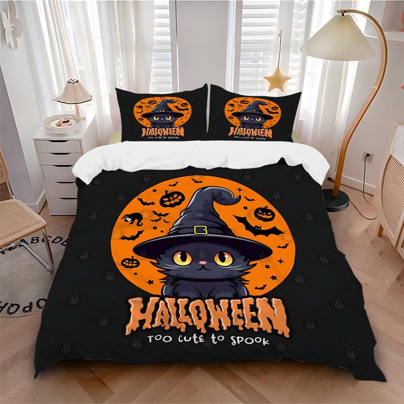 3pcs Cute Happy Halloween Cat Witch Hat Bedding Set - 1 Soft Quilt Cover + 2 Pillowcases, Machine Washable - Suitable for All Seasons, Perfe