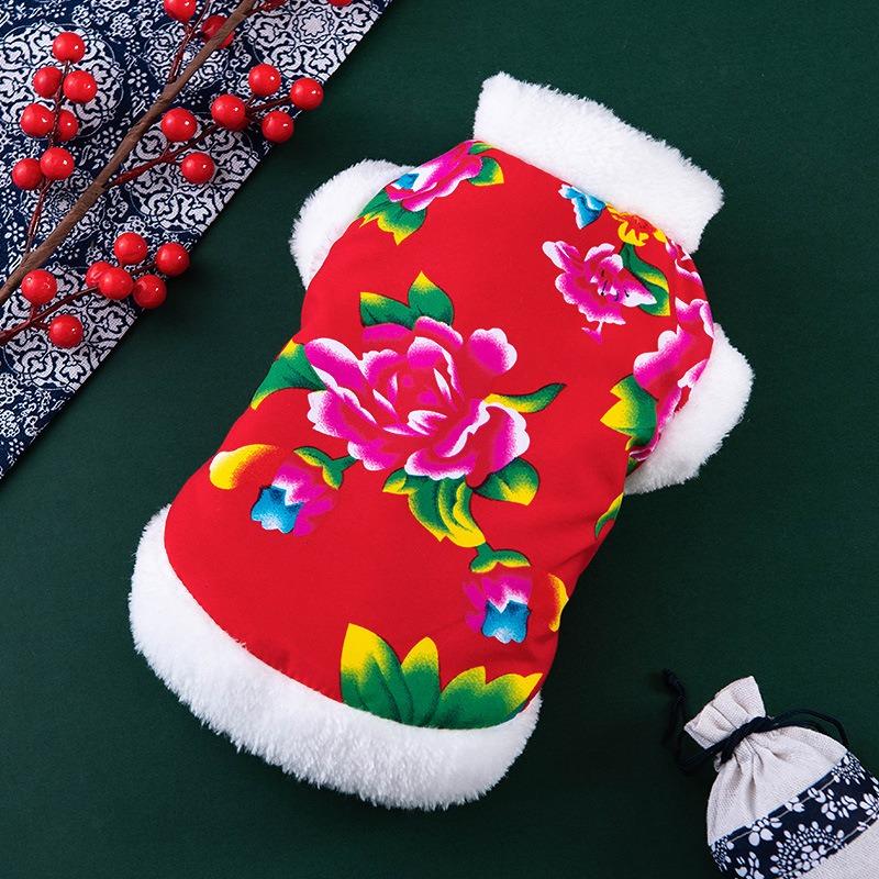 Осенне-зимняя одежда для собак, утолщенная, теплая, с подкладкой из бархата, цветочная куртка, для собак породы тедди, маленьких собак, кошек, питомцев, рождественские party-костюмы, китайский жилет для питомцев