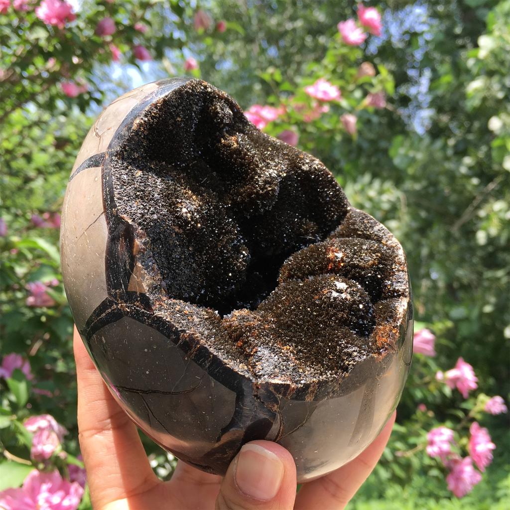 AA+ Dragon Seven-Layer Crystal Egg - Black and brown quartz containing mixed minerals, with a rough textured surface