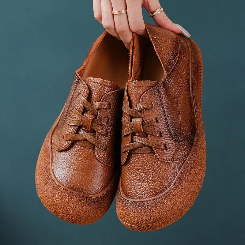 Ретро Оксфордские Кроссовки Женские Туфли из Коровьей Кожи для Женщин Винтажные Кожаные Спортивные Туфли на Шнуровке Мягкие Плоские Мокасины
