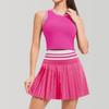 Womens Tennis Set With Fixed Cup Sports Bra High-Waisted Color-Block Pleated Skirt Activewear