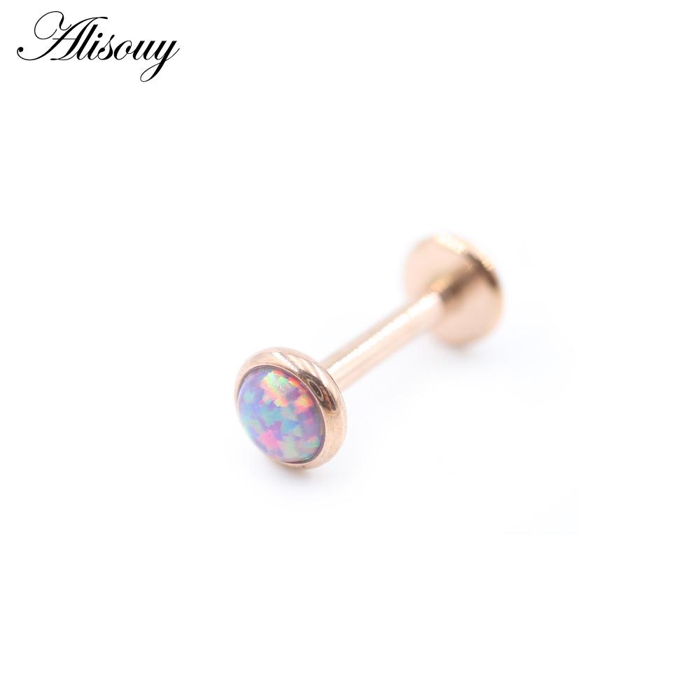 Alisouy 1PC Stainless Steel Opal Stone Labret Lip Tongue Rings Ear Tragus Helix Cartilage Stud Earrings Piercing Body Jewelry