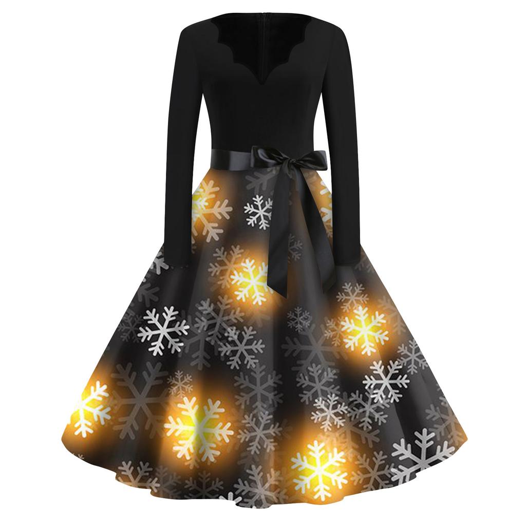 Women's Fashion V-Neck Casual Slim Christmas Printed Long Sleeve Dresses