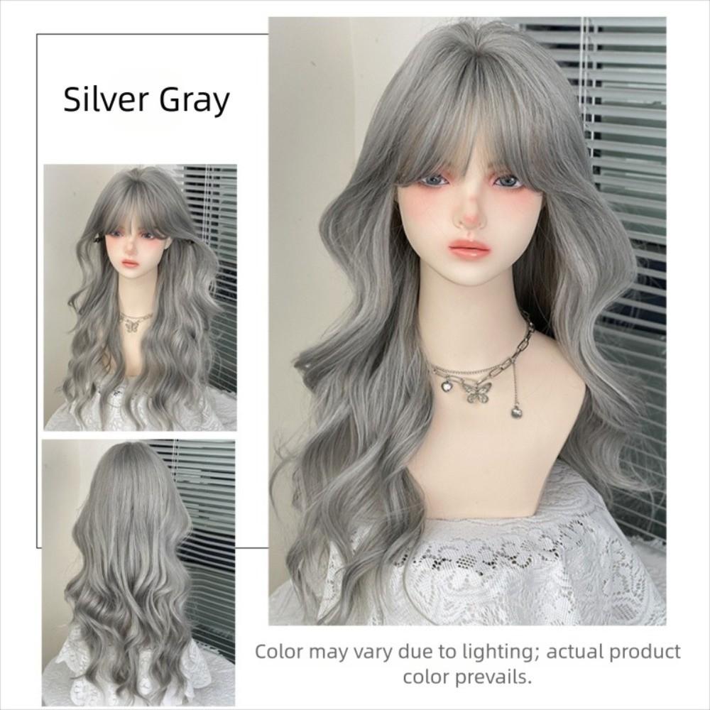 Air Bangs Grey Cosplay Wigs with Bangs Halloween Lolita Headband Wigs Long Curly Wave Hair Girl