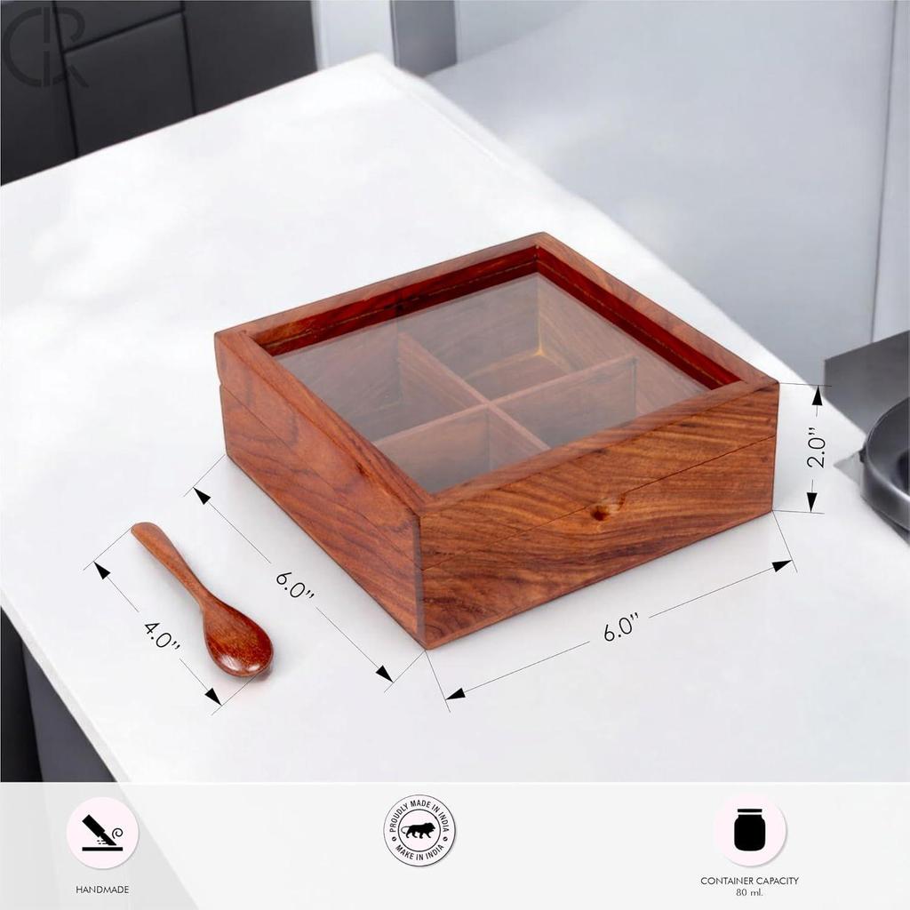 Деревянная коробка для специй с 4 отделениями и ложкой, контейнер для специй для кухни, масала дабба, намакдани для кухни