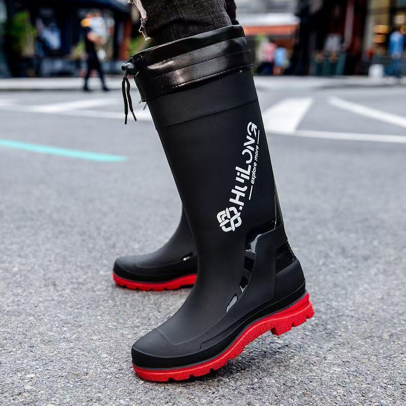 Stylish Men's Non-Slip Waterproof High-Top Rain Boots with Drawstring - Long Tube Fishing Wear-Resistant