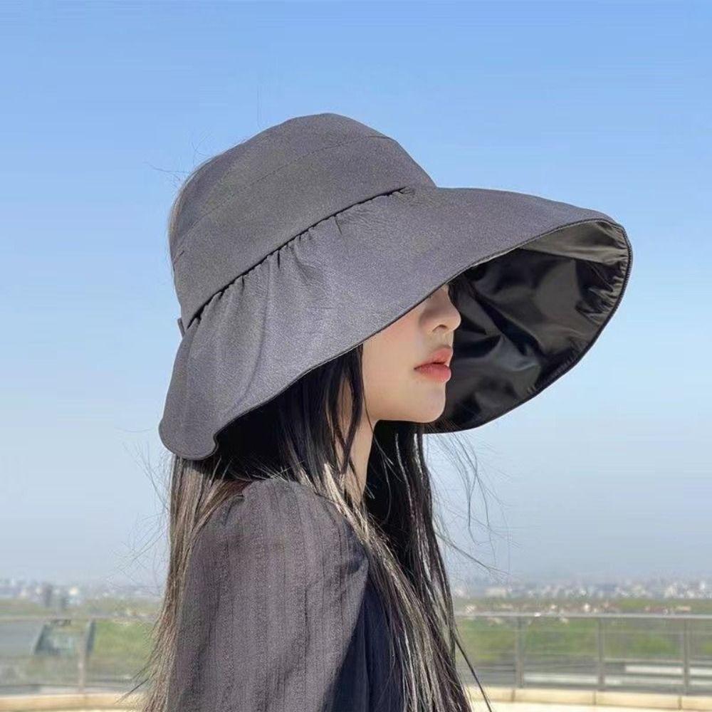 UV Protection Black Vinyl Sunshade Hat Solid Color Empty Top Hats Retro Sun Protection Cap  Beach