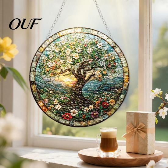 Round Acrylic Window Panel Stained Glass Style Hanging, Tree of Life & Winter Forest Transparent Suncatcher with Metal Chain, Indoor Decoration