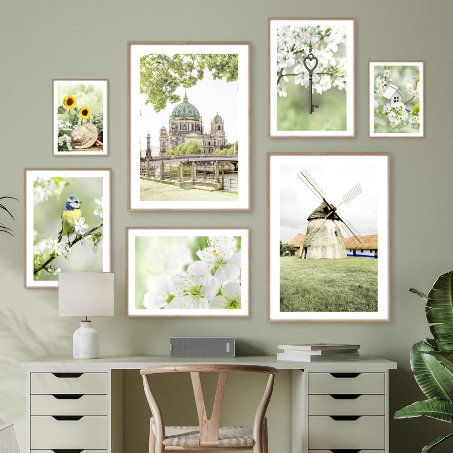Spring Sunflower Sakura Windmill Farmhouse Church Green Landscape Poster Wall Art Canvas Painting For Living Room Home Decor