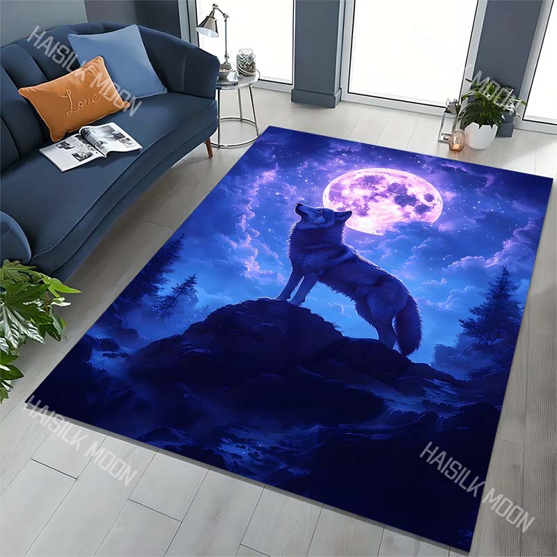 Lone wolf on mountain under moonlit sky Print Carpet for Living Room Bedroom Sofa Home Decor Rus Non-slip Floor Mat Luxury Gift